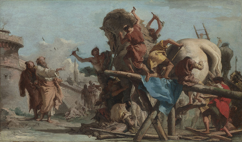 Giovanni Domenico Tiepolo, 1727 - 1804 The Building of the Trojan Horse about 1760 Oil on canvas, 38.8 x 66.7 cm Bought, 1918 NG3318 This painting is part of the group: 'Two Sketches depicting the Trojan Horse' (NG3318-NG3319) https://www.nationalgallery.org.uk/paintings/NG3318